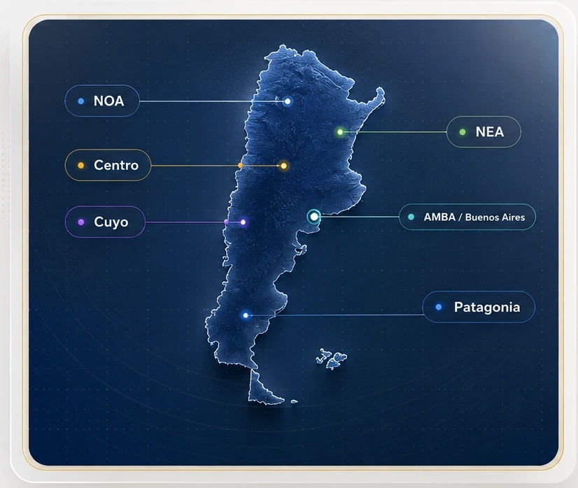 Mapa de Argentina con las regiones operativas NOA, NEA, Centro, Cuyo, AMBA, Buenos Aires y Patagonia
